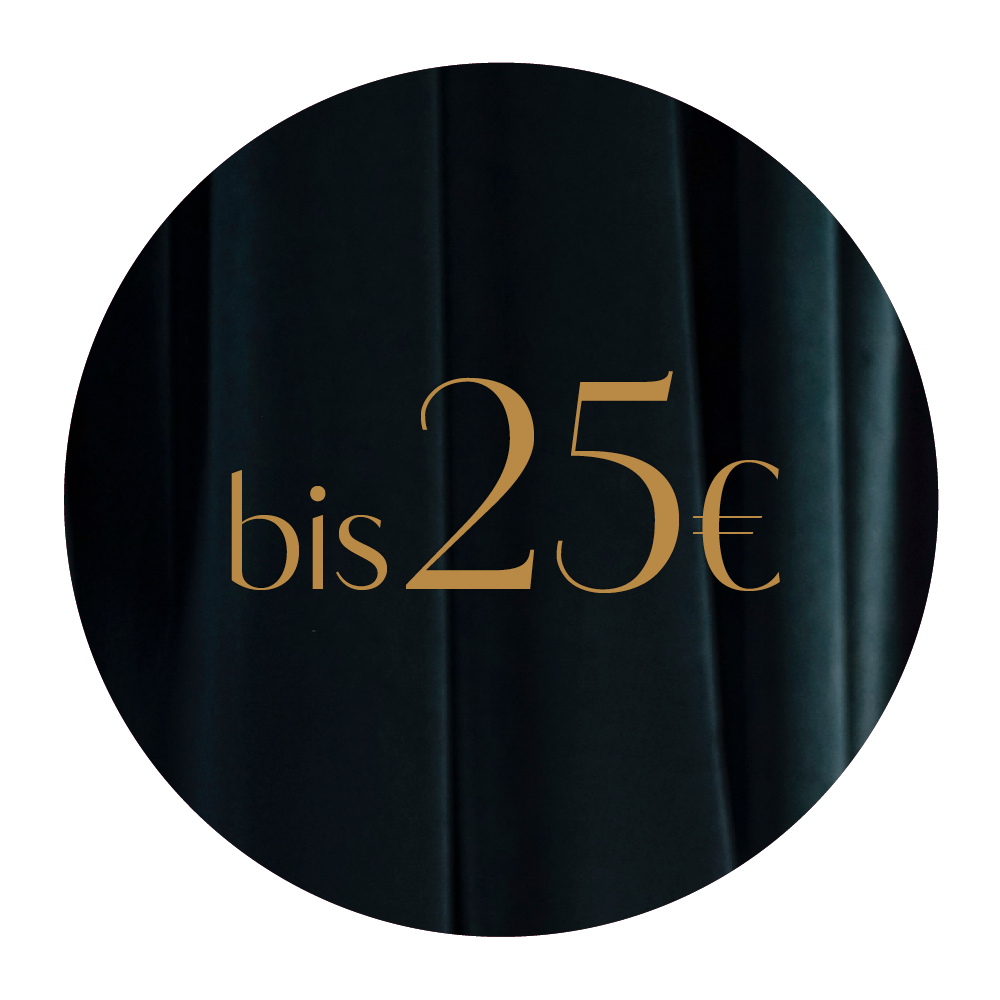 Un fondo oscuro y circular con el texto "hasta 25 €" centrado en una elegante escritura dorada.
