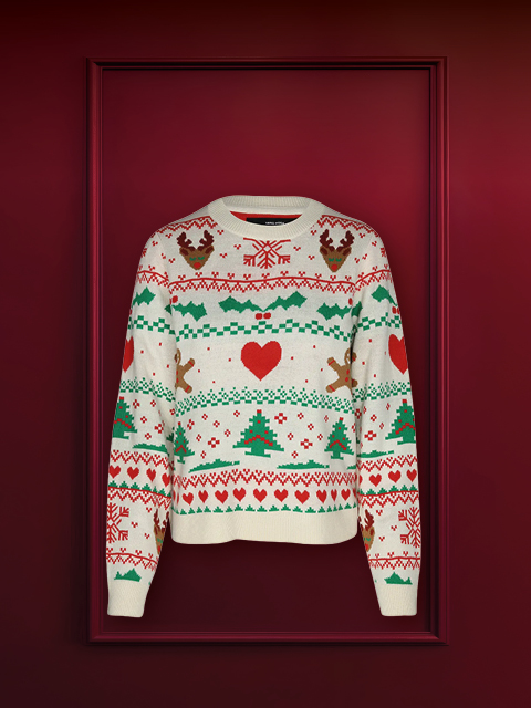 Un jersey navideño festivo con un motivo de reno, una nariz de pompón roja y una bufanda con estampado rojo y blanco sobre un fondo rojo oscuro. En la parte superior se puede ver el texto "NAVIDAD FEA".