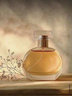 Un frasco redondo de vidrio con líquido dorado, colocado sobre una superficie de madera junto a delicadas flores secas, con un fondo suave y difuminado.