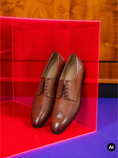 Un par de zapatos de traje de cuero marrón, presentados en una caja transparente rosa sobre un fondo violeta.