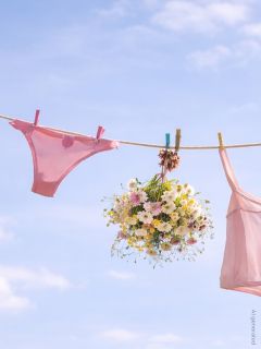 Ropa interior rosa y un ramo de flores silvestres cuelgan de un tendedero con pinzas para la ropa frente a un cielo azul.