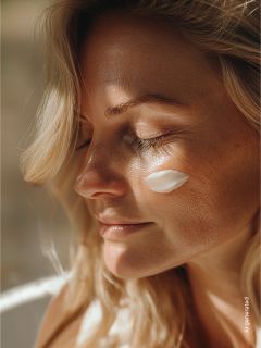 Una mujer con los ojos cerrados y la piel iluminada por el sol tiene una pizca de crema en la mejilla, lo que realza su expresión natural y relajada.