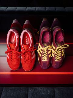 Dos pares de zapatillas Adidas en un banco: un par rojo con rayas blancas, el otro en burdeos y morado con rayas y cordones amarillos.